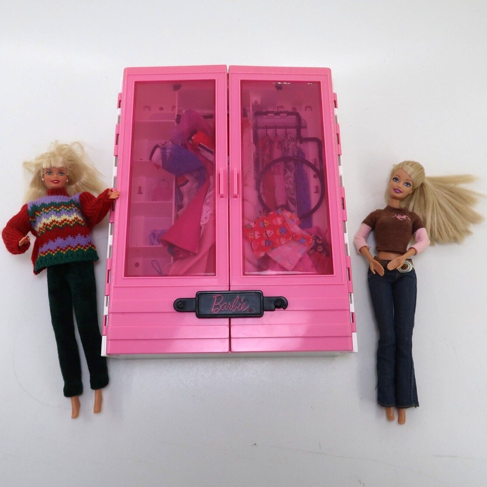 Pink Mattel Barbie Closet Case with 2 Dolls Blonde Clothing Large Lot